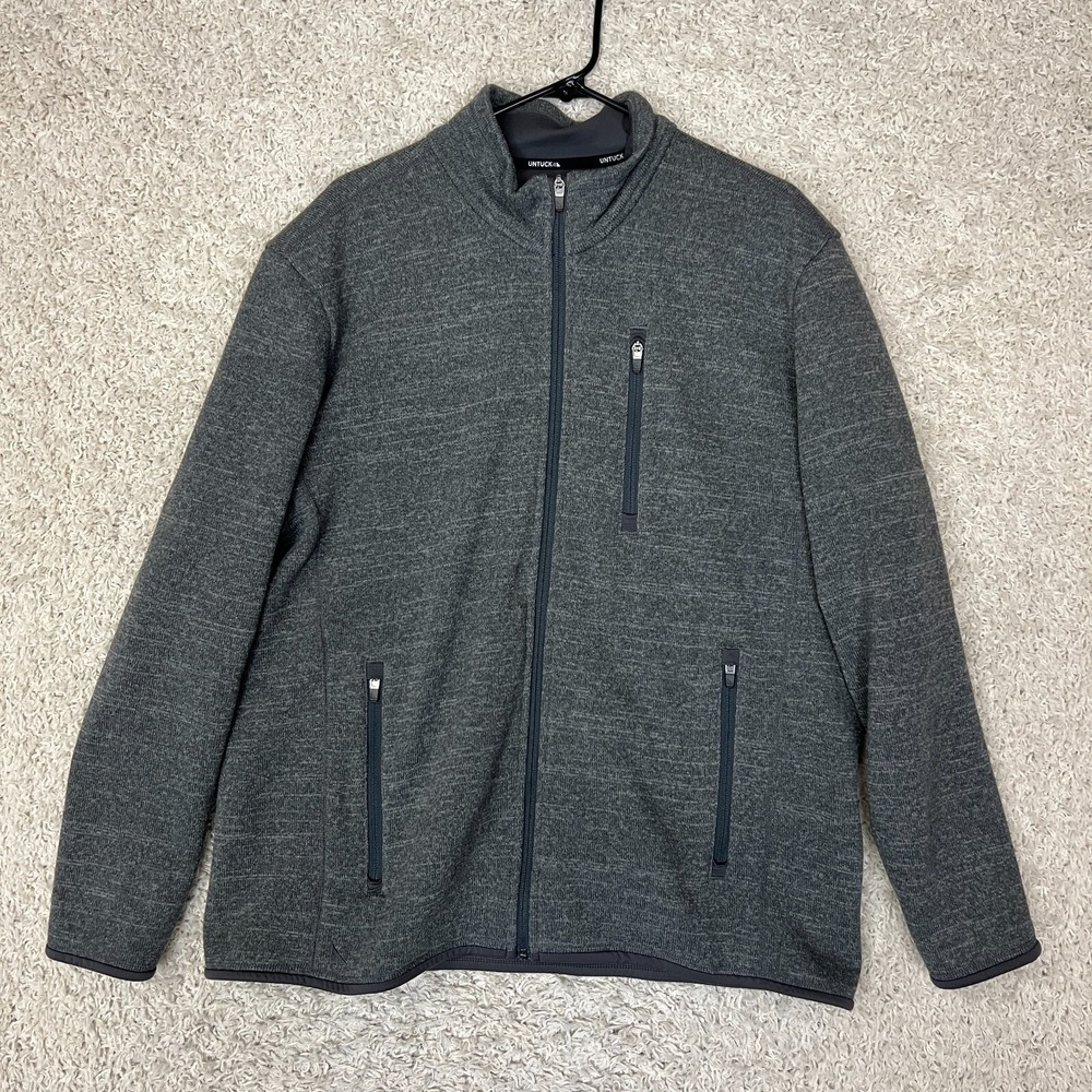 Untuckit Full Zip Fleece Lined Sweater Jacket Mens XXL Gray Zip Pockets Preppy